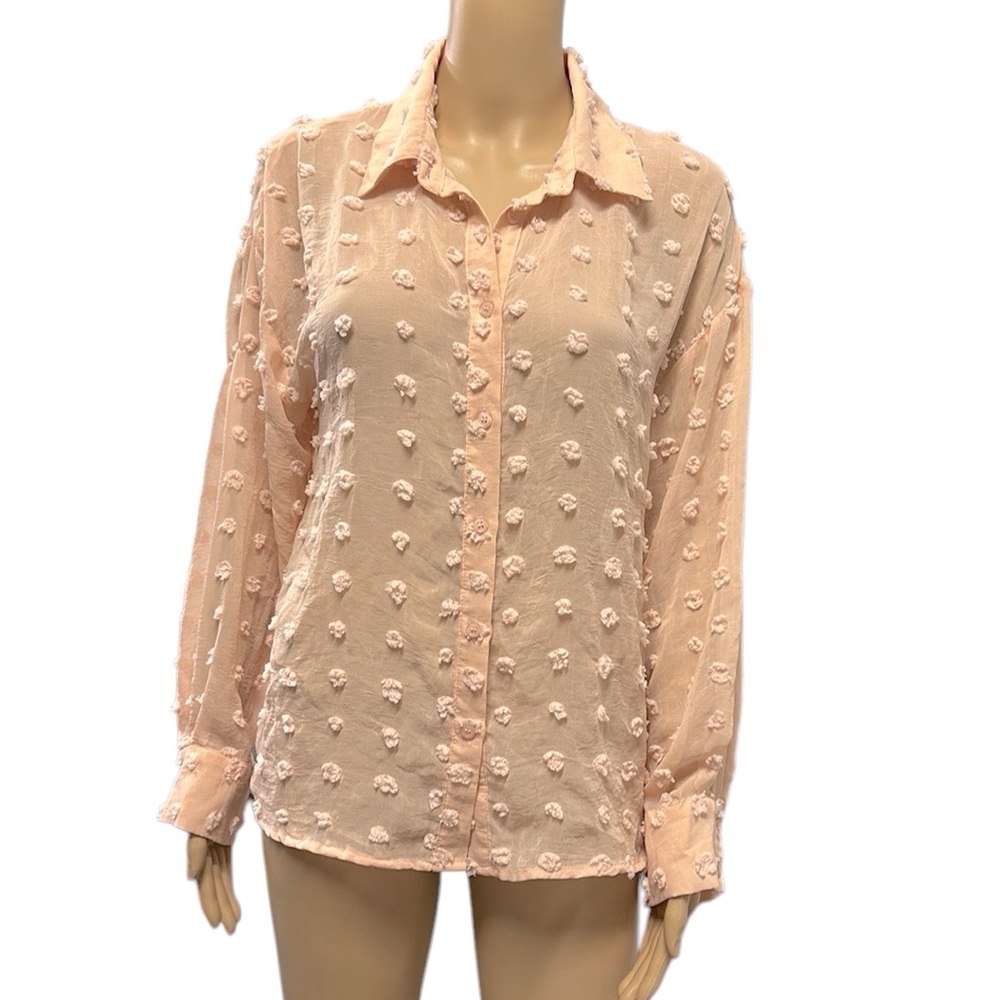 Ellison Swiss Dot Semi Sheer Button Up Long Sleeve Blouse Top Shirt Womens Small